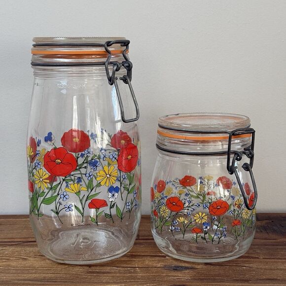 Vtg Arc France Poppy Glass Canister Set R Carman 1.5L 3/4L MCM Retro 60s Arcoroc - Picture 1 of 14